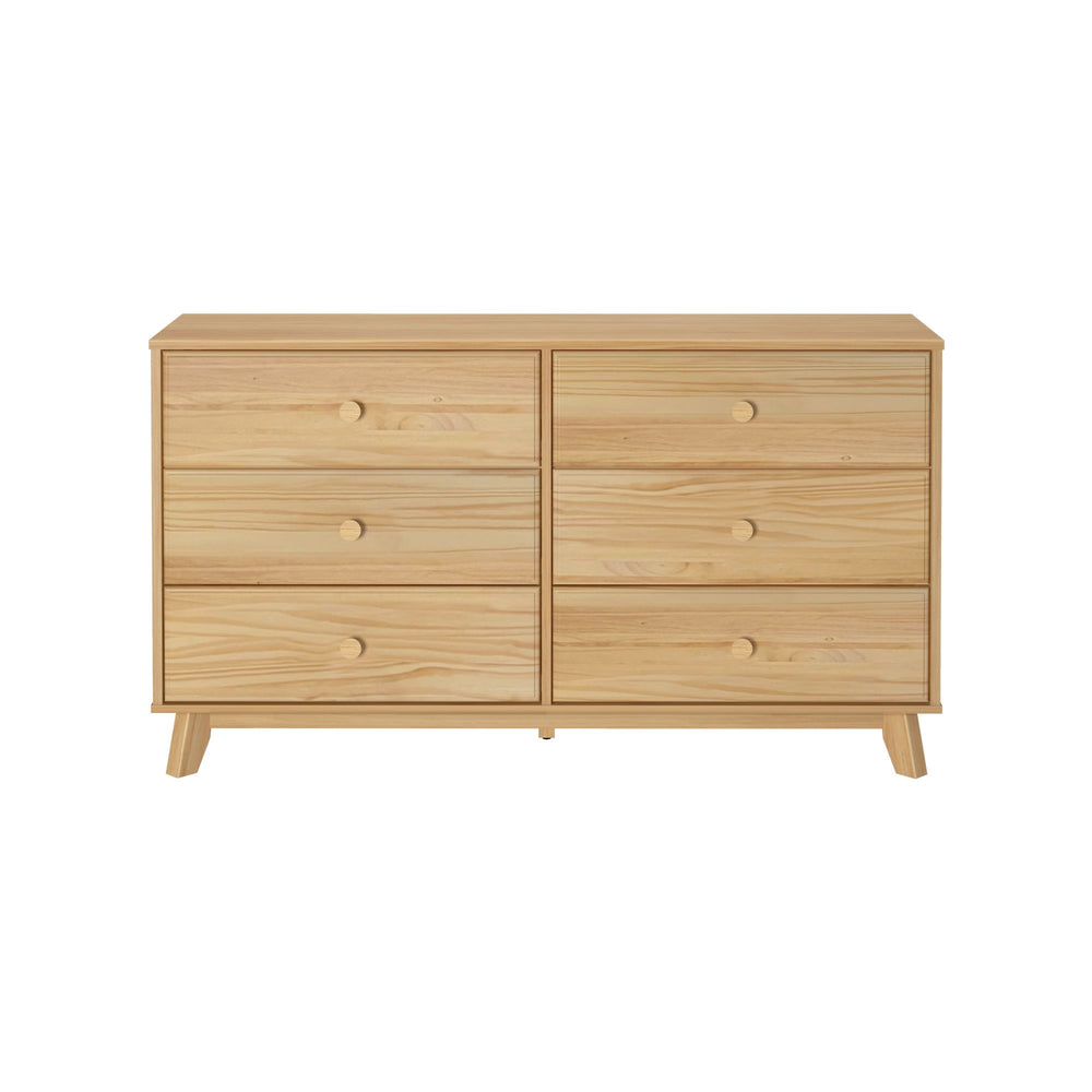 Natural wood six-drawer dresser with minimalist design and angled legs.