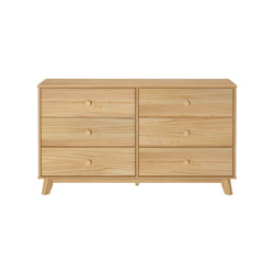 Natural wood six-drawer dresser with minimalist design and angled legs.