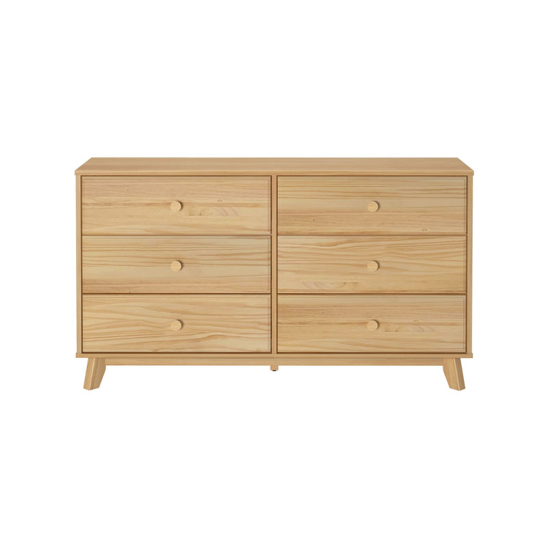 Natural wood six-drawer dresser with minimalist design and angled legs.
