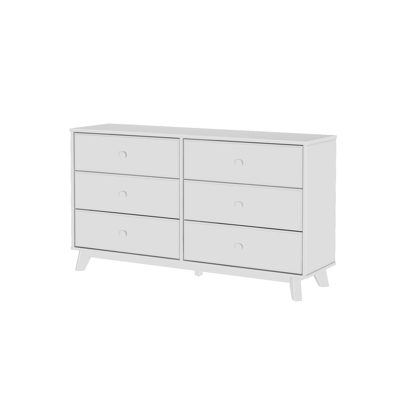 Six-drawer white dresser with modern design and sleek finish for stylish home storage solutions.