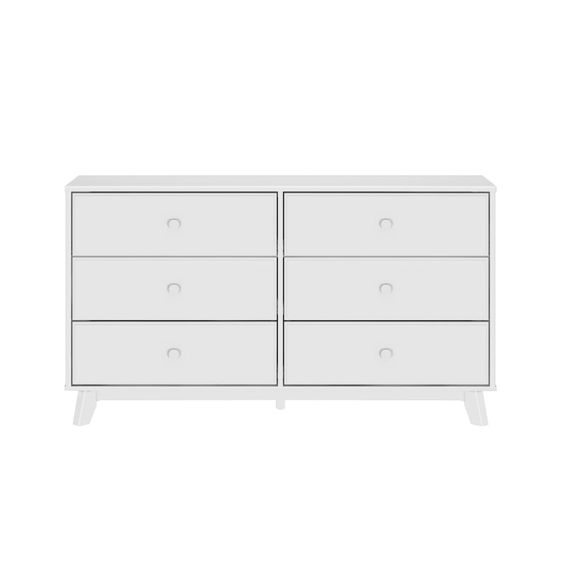 White modern dresser with six drawers and minimalist design.