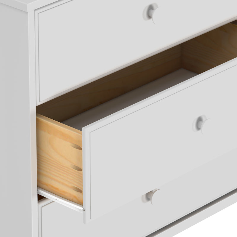 White wooden dresser with open drawer revealing natural wood interior.