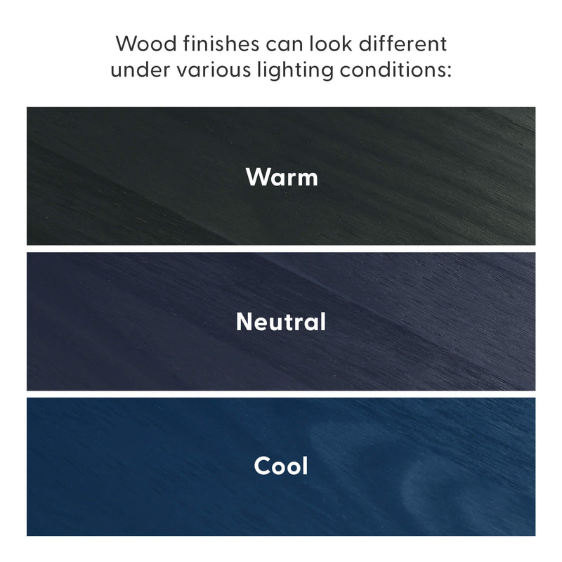 Wood finishes under different lighting conditions: warm, neutral, and cool tones.