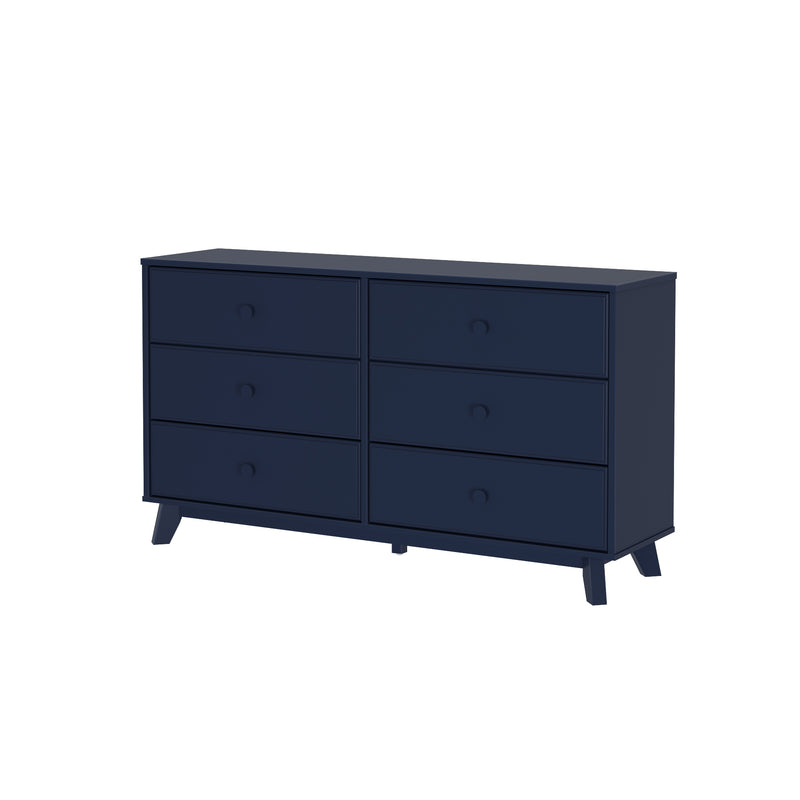 Six-drawer navy blue dresser with modern design and minimalist legs.