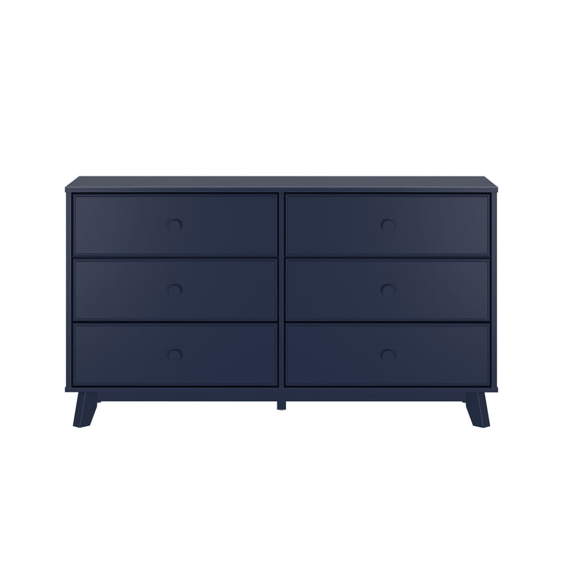 Blue six-drawer dresser with sleek design and modern finish.