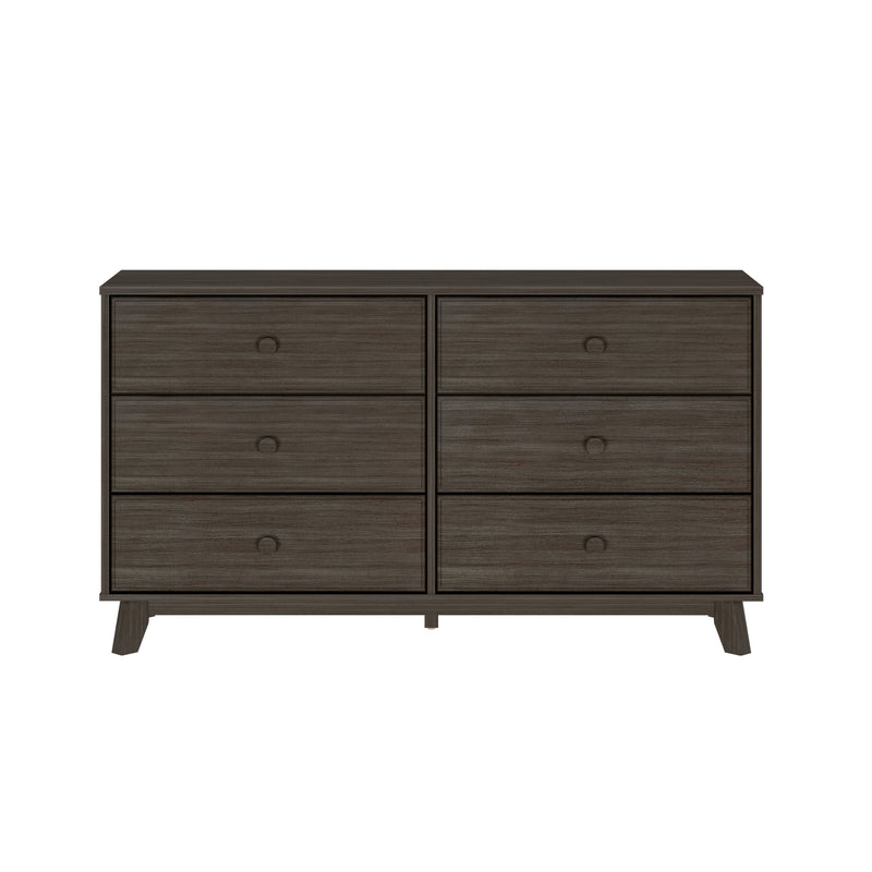Modern dark wood six-drawer dresser for bedroom storage.