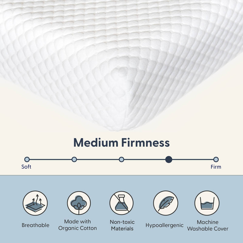 Medium-firmness quilted white pillow with breathable, organic cotton, hypoallergenic, non-toxic materials and machine-washable cover icons