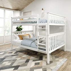 White wooden bunk bed with blue bedding in a modern, sunlit bedroom featuring a geometric patterned rug and a small window plant.