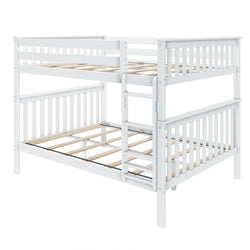 White wooden bunk bed frame with ladder and slatted design for kids' bedroom.