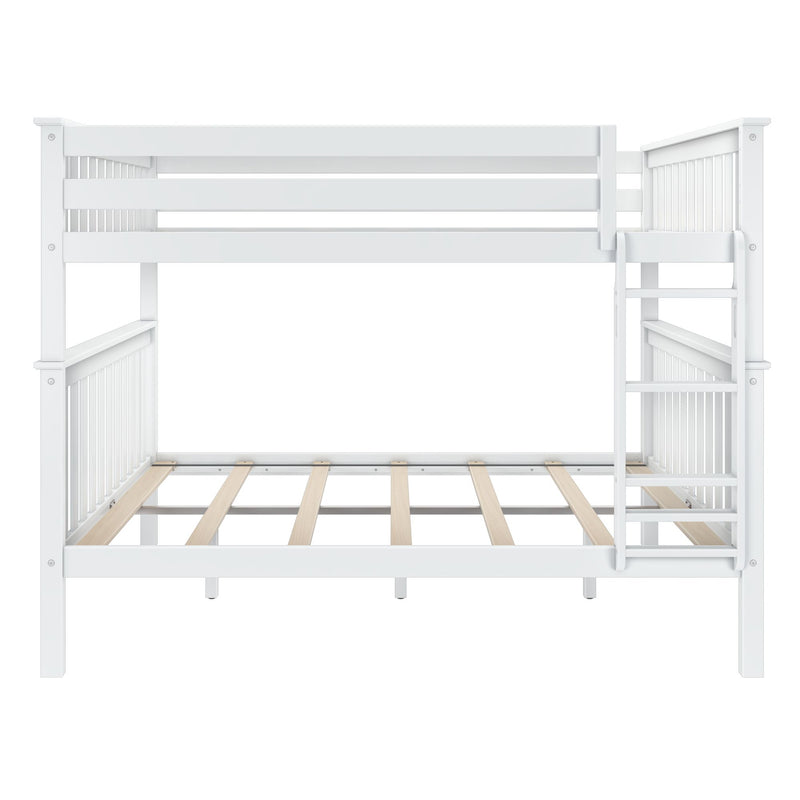 White wooden bunk bed frame with ladder and slatted base, ideal for maximizing bedroom space for kids or guest rooms.