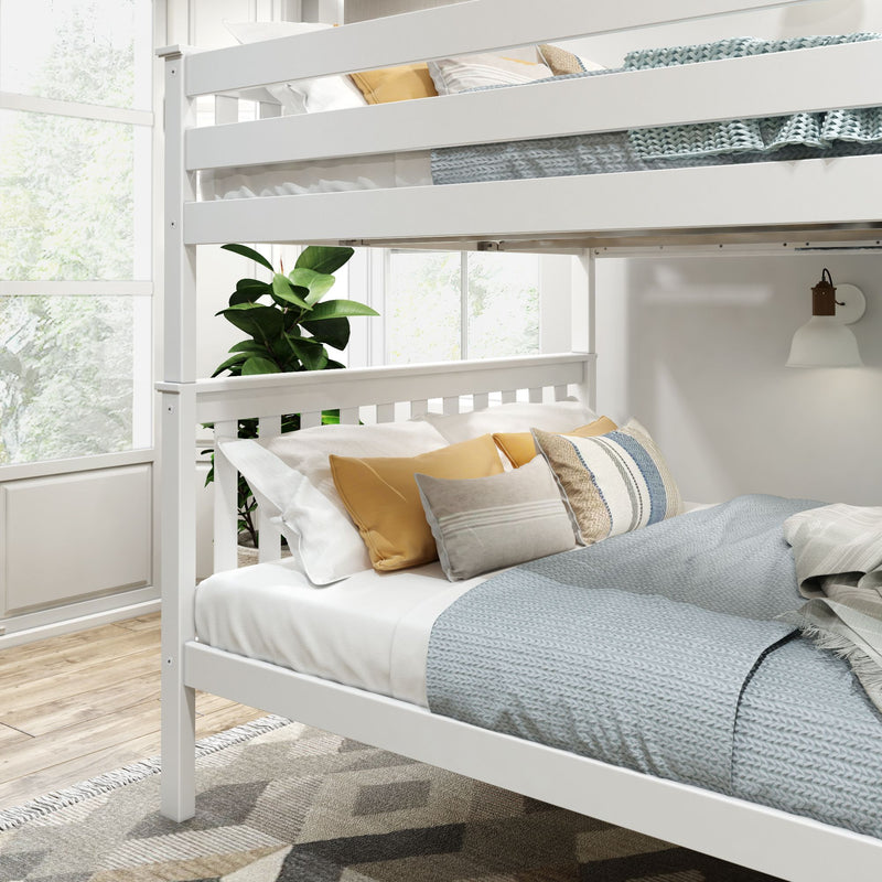 Stylish white bunk bed in modern bedroom with cozy pillows and blankets.