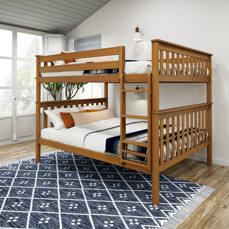Modern wooden bunk bed in a bright, stylish bedroom with natural light and decorative rug.
