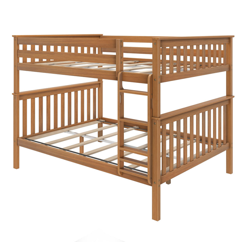 Wooden twin bunk bed frame with ladder and guardrails for kids' bedroom.