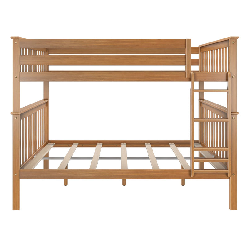 Wooden bunk bed frame with ladder, minimalist design for kids' bedroom furniture.