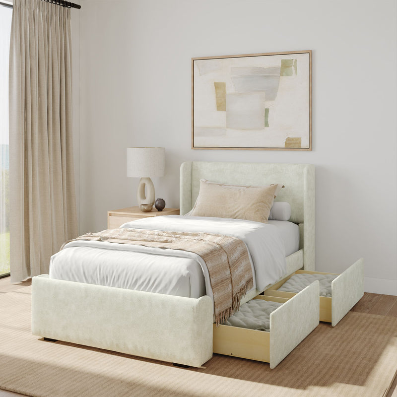 Modern bedroom with upholstered bed featuring storage drawers, soft bedding, and minimalist decor.