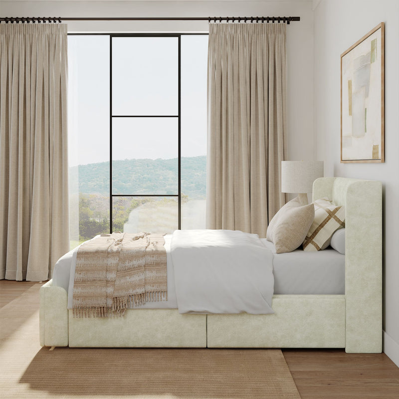 Elegant modern bedroom with light neutral decor, featuring a comfortable bed, large windows with beige curtains, and scenic outdoor views.