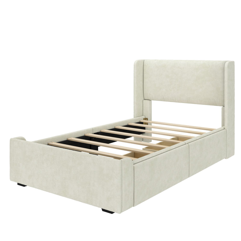 Stylish upholstered bed frame with soft beige fabric and wooden slats, perfect for modern bedroom decor.