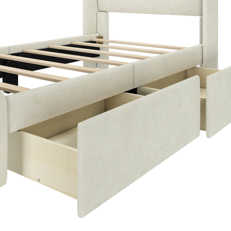 Beige upholstered bed frame with open storage drawers.