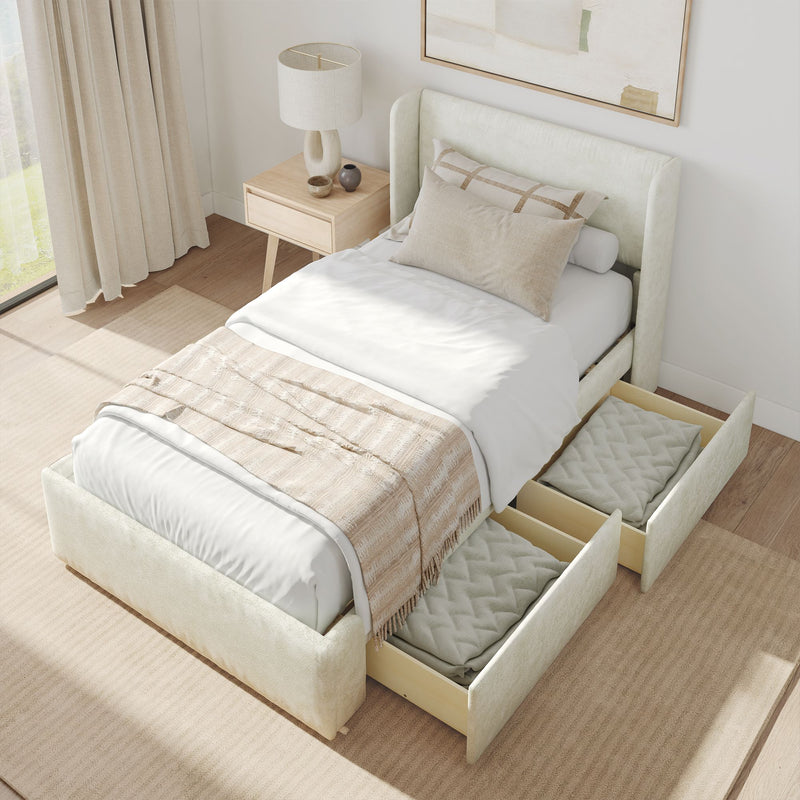 Modern bedroom with a stylish bed frame featuring pull-out storage drawers, beige bedding, and a matching nightstand with a lamp, optimizing space and design in a cozy setting.