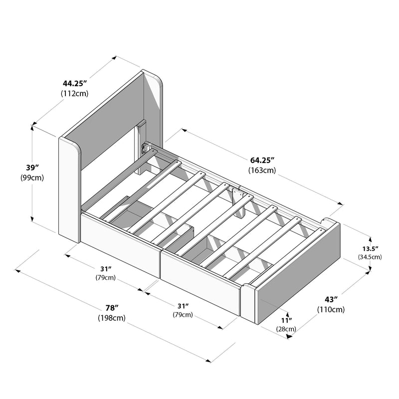 Detailed diagram of a modern bed frame with precise measurements in inches and centimeters, showcasing structural design and dimensions for optimal bedroom furniture planning.