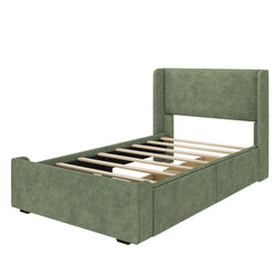 Green upholstered bed frame with wooden slats and headboard.