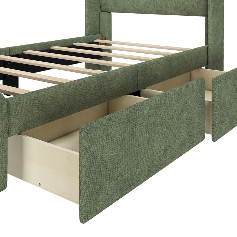 Green upholstered bed frame with storage drawers and slatted base.