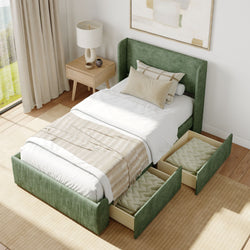 Single bed with green upholstered headboard and pull-out storage drawers in a modern bedroom setting.