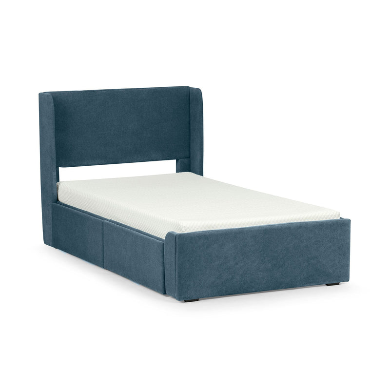 Modern teal upholstered single bed with headboard and storage drawers