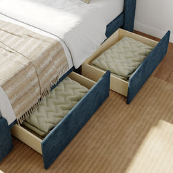 Under-bed storage drawers with green blankets in modern bedroom.