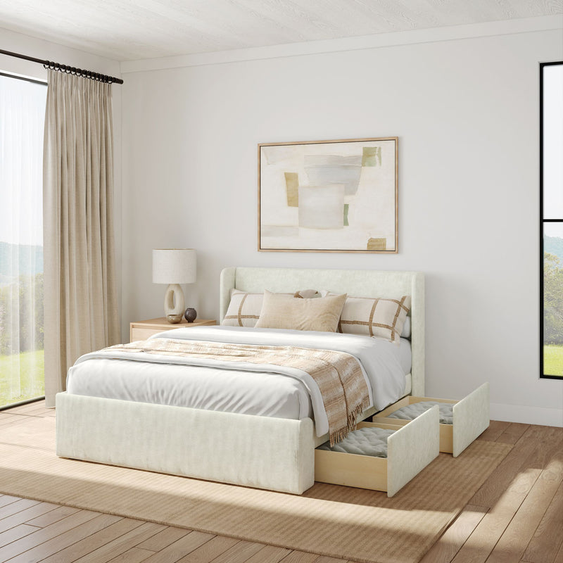 Modern bedroom with a stylish beige bed featuring storage drawers, cozy bedding, and neutral decor.
