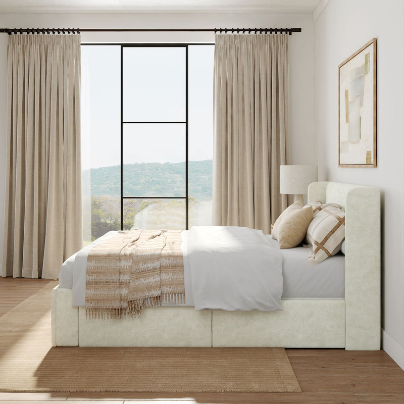 Modern bedroom interior with a large window, beige curtains, cozy bed, and stylish decor.