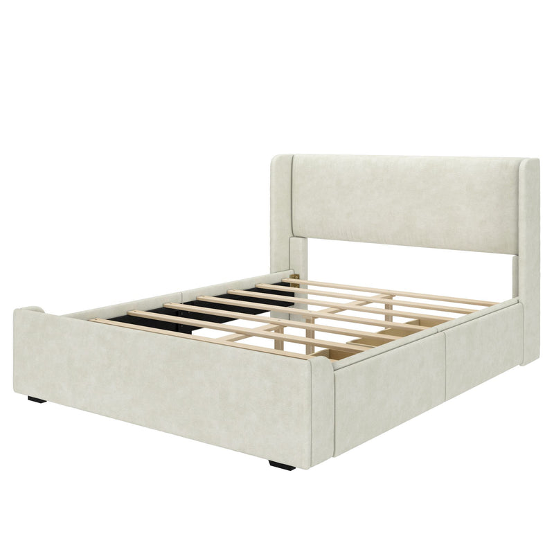 Beige upholstered bed frame with wooden slats and high headboard.
