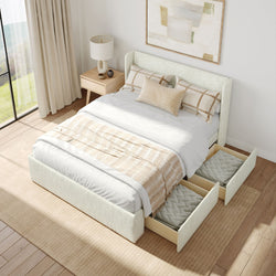 P1870146000-B01 : Single Beds Upholstered Bed with Rectangular Headboard (Full) 2 Drawer Side Storage, Cream