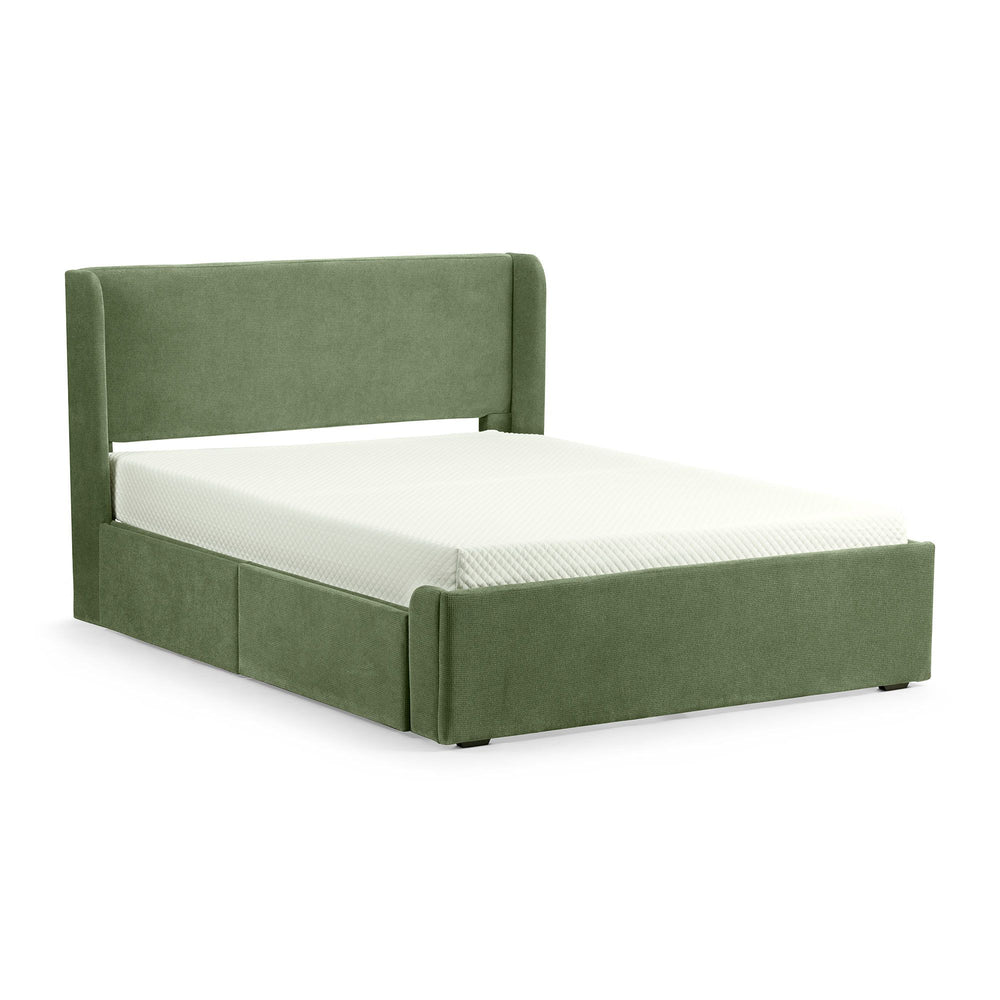 Green upholstered bed with storage drawers and modern headboard design.