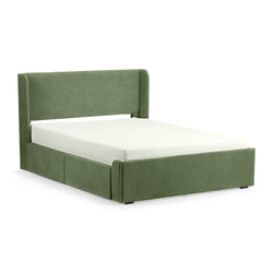 Green upholstered bed with storage drawers and modern headboard design.