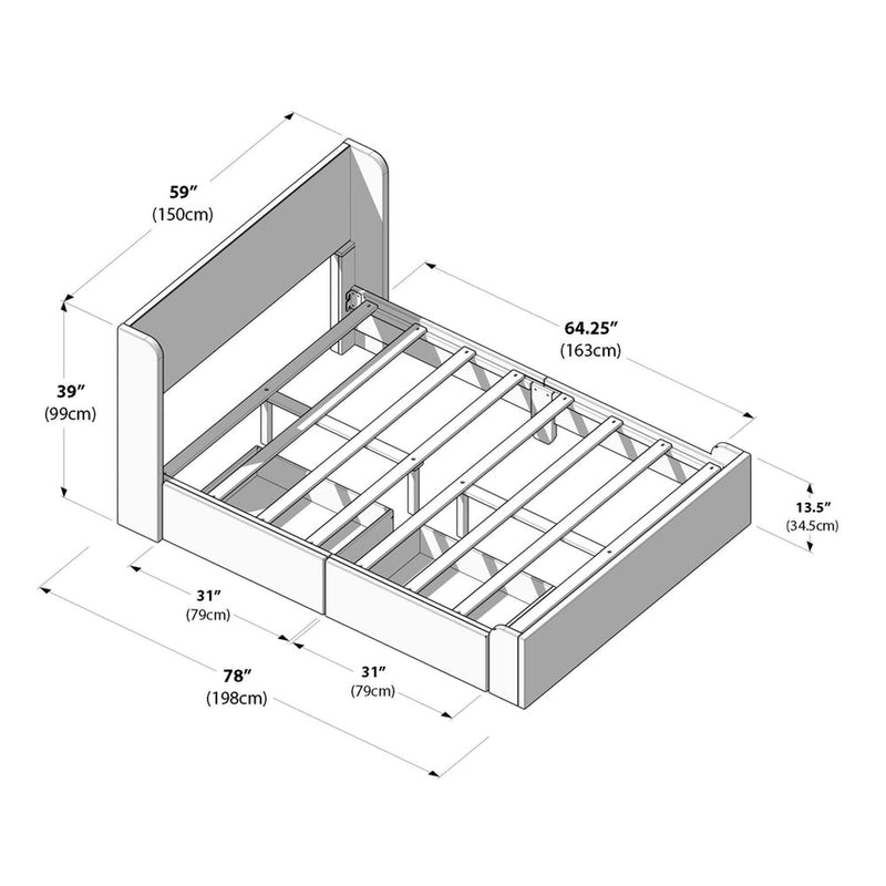 Platform bed frame technical diagram with headboard and footboard, slatted mattress support and under-bed storage drawers, detailed dimensions in inches and centimeters (overall 78" / 198cm long × 64.25" / 163cm wide, headboard 59" / 150cm wide × 39" / 99cm high, footboard 13.5" / 34.5cm high)
