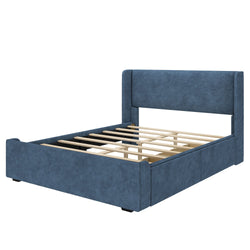Blue upholstered platform bed frame with wooden slats and modern design.
