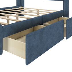 Modern bed frame with storage drawers in a blue upholstered design.