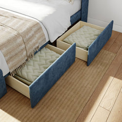 Under-bed storage drawers with blankets in a modern bedroom setting.