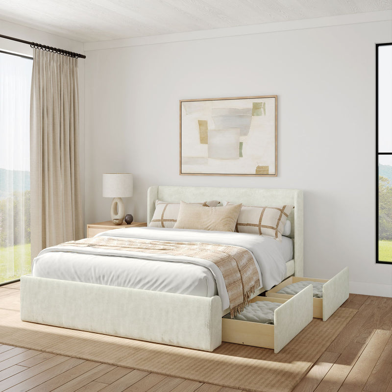Modern bedroom with elegant platform bed featuring underbed storage and neutral decor.