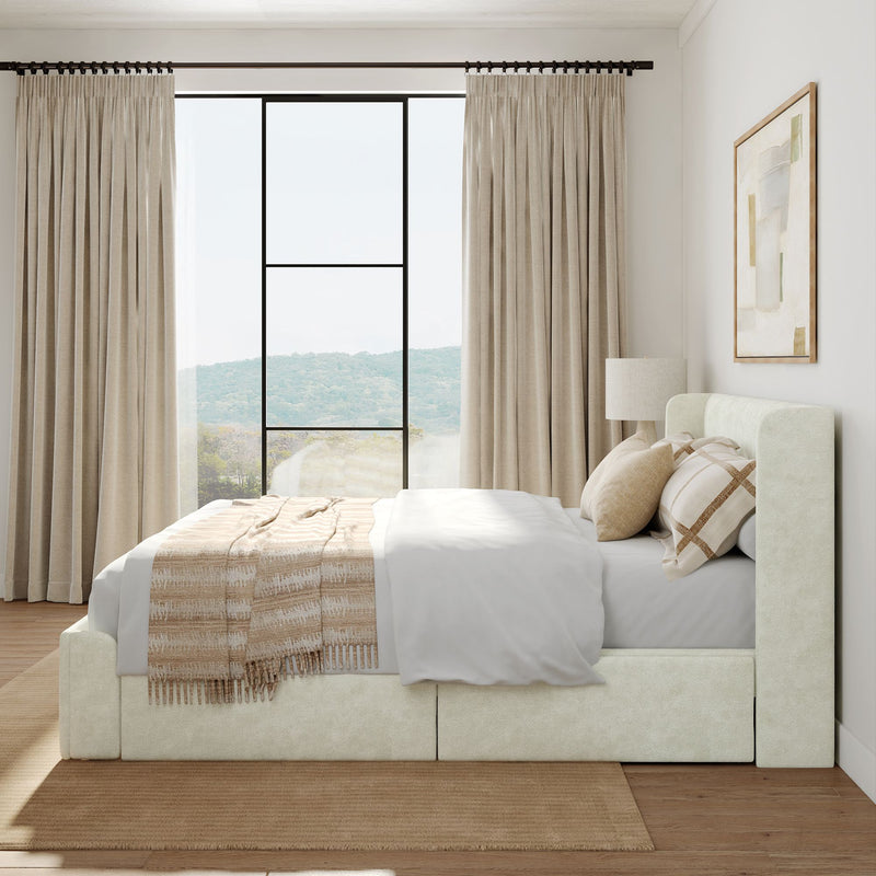 Modern minimalist bedroom with large window, neutral curtains, and stylish bed.