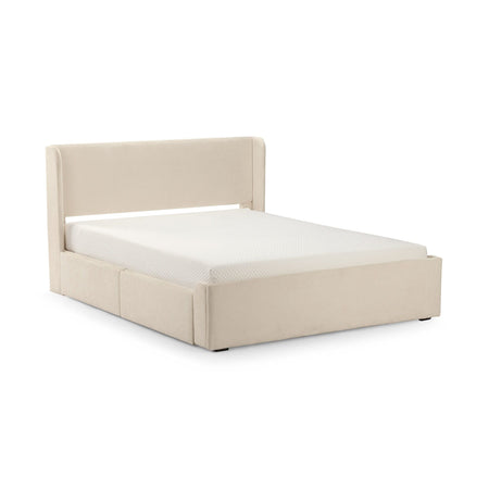 Elegant beige upholstered bed frame with white mattress in modern bedroom setting.