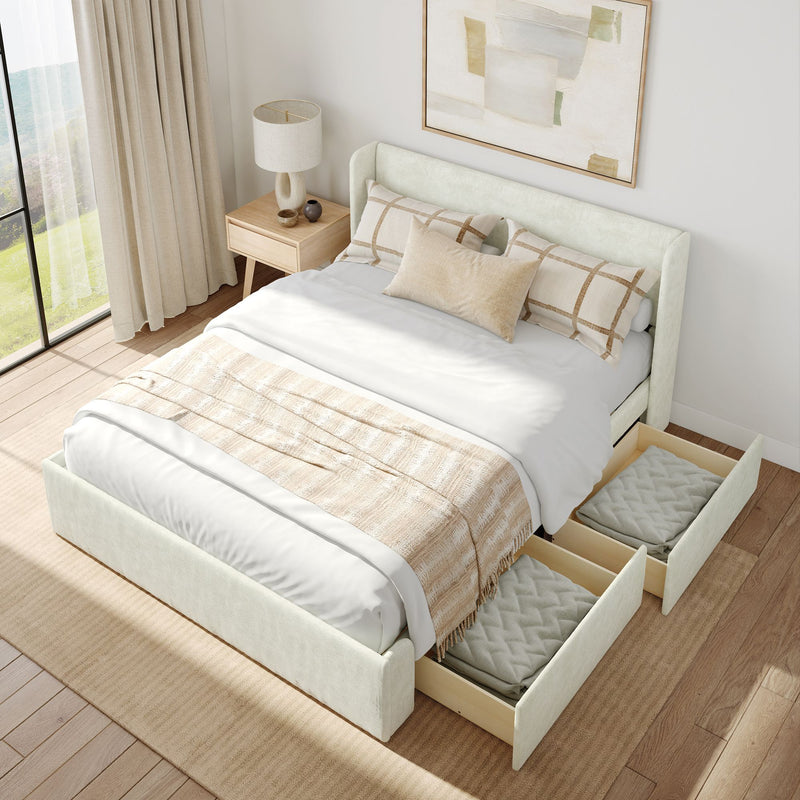 Modern bedroom with stylish upholstered bed featuring built-in storage drawers.