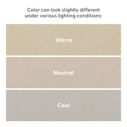 Fabric color swatches labeled Warm, Neutral, and Cool demonstrating how different lighting conditions and color temperature change the appearance of beige and gray tones