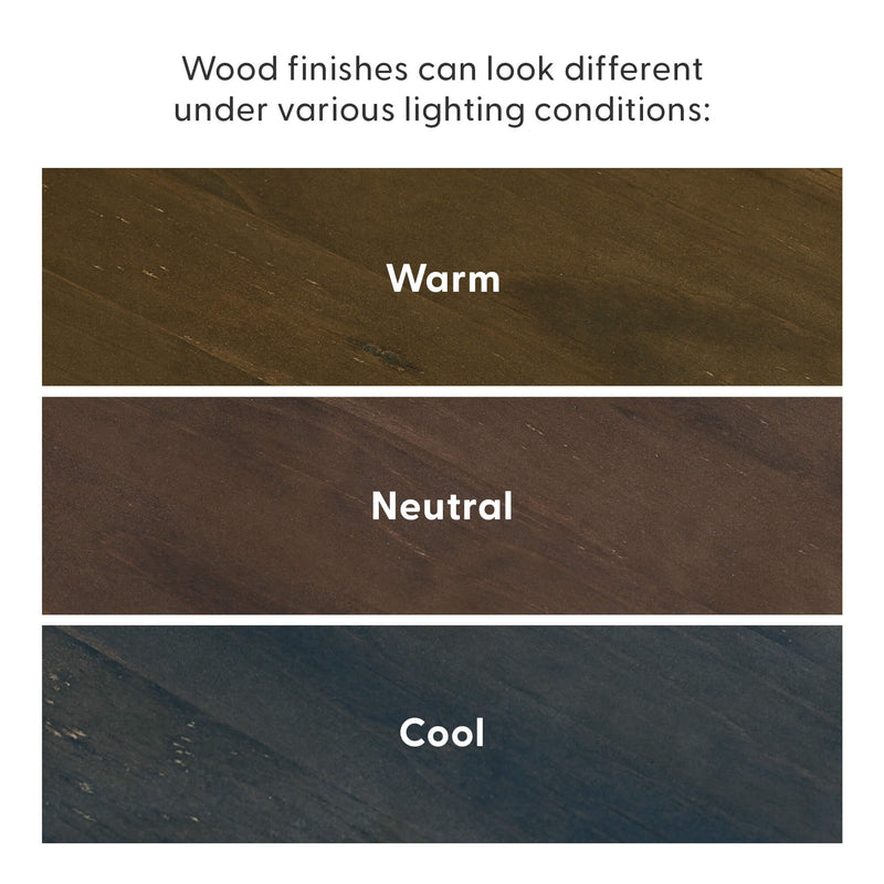 Comparison of wood finishes under different lighting conditions: warm, neutral, and cool tones.