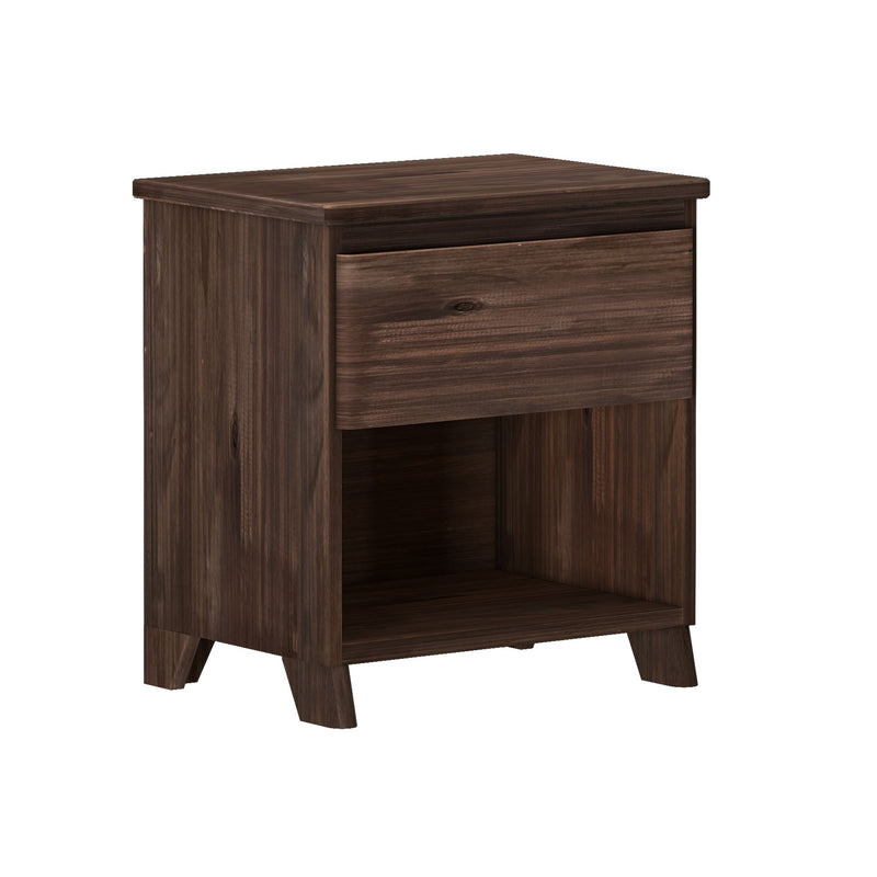 Dark wooden nightstand with a single drawer and open shelf, perfect for bedroom storage.