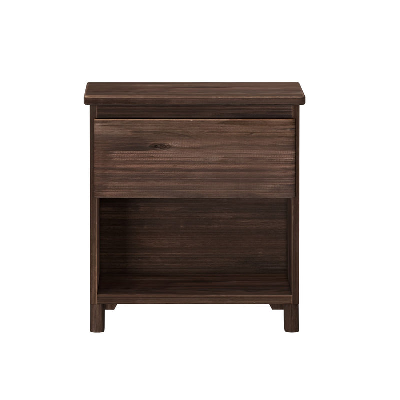 Dark brown wooden nightstand with a single drawer and open shelf for bedroom storage.