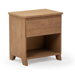 Wooden nightstand with single drawer and open shelf, perfect for bedroom storage and rustic decor.