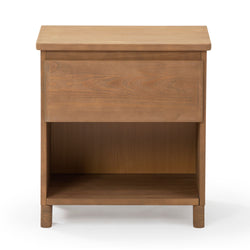 Wooden nightstand with drawer and open shelf, ideal for bedroom storage.