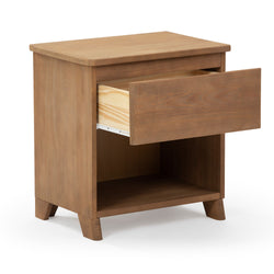Wooden nightstand with an open drawer, showcasing its compact and rustic design for bedroom storage.
